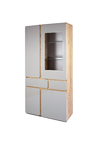HOMEXPERTS Highboard RIMINI / Vitrine mit Glas-Tür / Korpus Melamin goldene Eichen-Optik, Fronten Hochglanz Grau / Viel Stauraum / Hochschrank / XXL Kommode / 99 x 200 x 42cm (BxHxT) von Homexperts