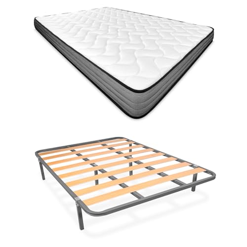 Homey Komplettes Bett mit Matratze Andrea (Winter/Sommer) + Lattenrost Basic mit 6 Beinen, 135 x 190 cm, legierter Stahl, Grau, 135 x 190 cm von Homey