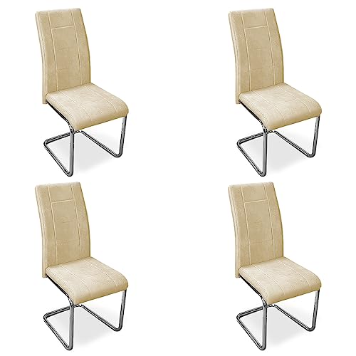 Homey Packung mit 4 gepolsterten Stühlen für Wohnzimmer, Esszimmer, beige, mit verchromten Beinen, Modell Skadi, Aluminium, 42,5 cm (B) x 52 cm (T) x 99 cm (H) von Homey