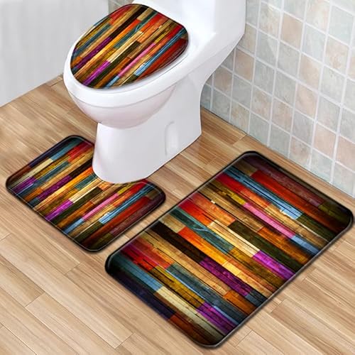 Bad Teppiche Set 3-Teiliges Gestreift Rot Orange WC Vorleger Mit Ausschnitt Badematte Saugfähig WC Deckelbezug Badvorleger rutschfest Waschbar Toilettensitzbezug Badgarnitur (45x75cm) von Homeyang