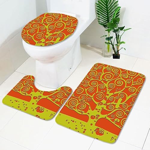 Bad Teppiche Set Abstrakter Roter Baum Badezimmerteppich Waschbar WC Vorleger mit Ausschnitt und WC Deckelbezug 3 Teilig Badematte rutschfest Toilettensitzbezug Badgarnitur 50x80 cm von Homeyang