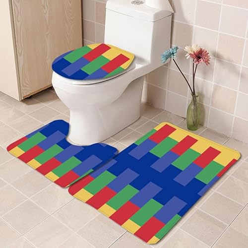Bad Teppiche Set Blau Rot Geometrie Badezimmerteppich Waschbar WC Vorleger mit Ausschnitt und WC Deckelbezug 3 Teilig Badematte rutschfest Toilettensitzbezug Badgarnitur 50x80 cm von Homeyang
