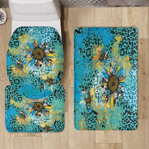Bad Teppiche Set Blaue Retro Blume Badezimmerteppich Waschbar WC Vorleger mit Ausschnitt und WC Deckelbezug 3 Teilig Badematte rutschfest Toilettensitzbezug Badgarnitur 45x75 cm von Homeyang