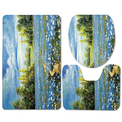 Bad Teppiche Set Blauer Blumenbaum Badezimmerteppich Waschbar WC Vorleger mit Ausschnitt und WC Deckelbezug 3 Teilig Badematte rutschfest Toilettensitzbezug Badgarnitur 45x75 cm von Homeyang
