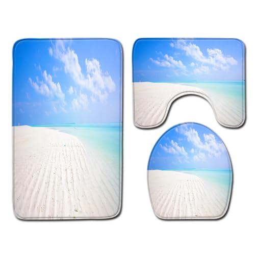 Bad Teppiche Set Blauer Himmel Strand Badezimmerteppich Waschbar WC Vorleger mit Ausschnitt und WC Deckelbezug 3 Teilig Badematte rutschfest Toilettensitzbezug Badgarnitur 50x80 cm von Homeyang