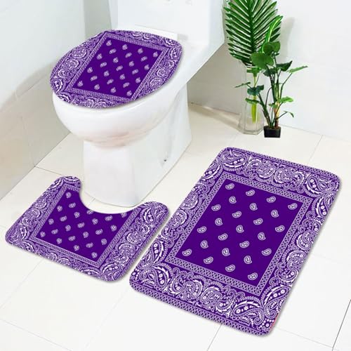 Bad Teppiche Set Böhmisches Lila Badezimmerteppich Waschbar WC Vorleger mit Ausschnitt und WC Deckelbezug 3 Teilig Badematte rutschfest Toilettensitzbezug Badgarnitur 50x80 cm von Homeyang