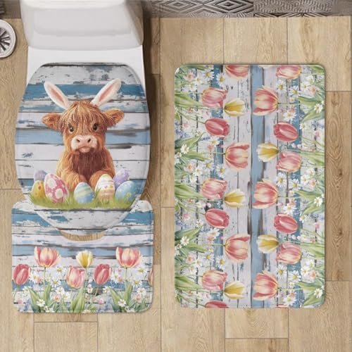 Bad Teppiche Set Braune Kuh Blume Badezimmerteppich Waschbar WC Vorleger mit Ausschnitt und WC Deckelbezug 3 Teilig Badematte rutschfest Toilettensitzbezug Badgarnitur 45x75 cm von Homeyang