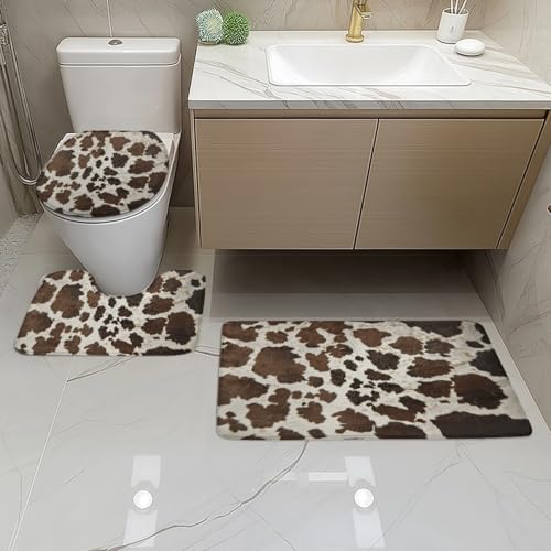 Bad Teppiche Set Braune Kuh Muster Badezimmerteppich Waschbar WC Vorleger mit Ausschnitt und WC Deckelbezug 3 Teilig Badematte rutschfest Toilettensitzbezug Badgarnitur 45x75 cm von Homeyang