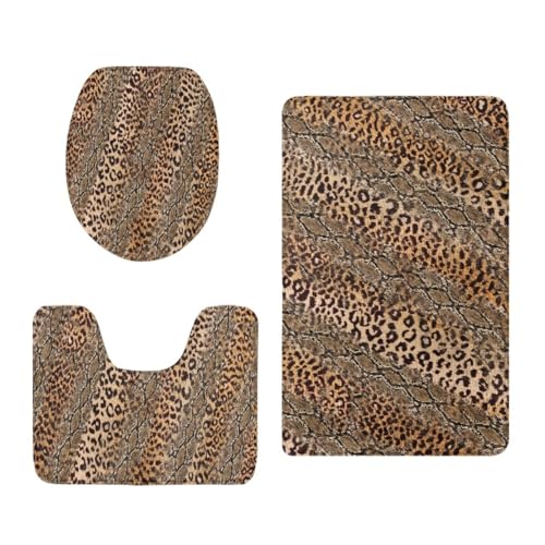 Bad Teppiche Set Braune Schlange Muster Badezimmerteppich Waschbar WC Vorleger mit Ausschnitt und WC Deckelbezug 3 Teilig Badematte rutschfest Toilettensitzbezug Badgarnitur 45x75 cm von Homeyang