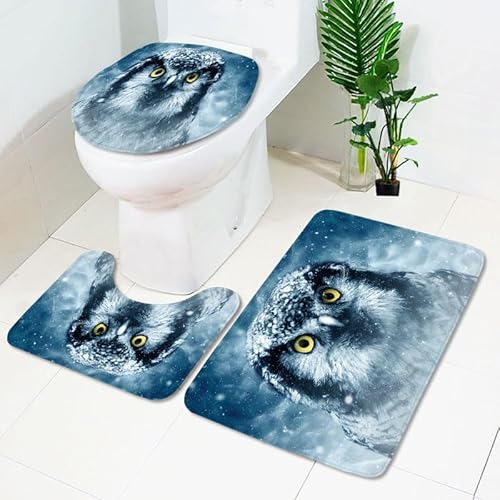 Bad Teppiche Set Dunkelblaue Eule Badezimmerteppich Waschbar WC Vorleger mit Ausschnitt und WC Deckelbezug 3 Teilig Badematte rutschfest Toilettensitzbezug Badgarnitur 50x80 cm von Homeyang