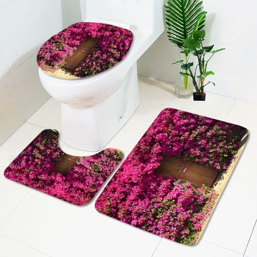 Bad Teppiche Set Elegante Rosa Blumen Badezimmerteppich Waschbar WC Vorleger mit Ausschnitt und WC Deckelbezug 3 Teilig Badematte rutschfest Toilettensitzbezug Badgarnitur 50x80 cm von Homeyang