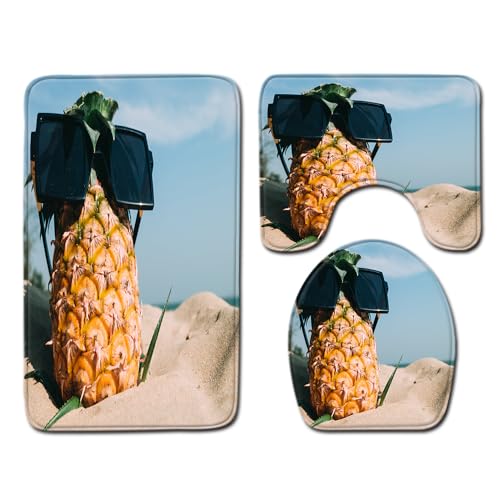 Bad Teppiche Set Gelber Ananas Strand Badezimmerteppich Waschbar WC Vorleger mit Ausschnitt und WC Deckelbezug 3 Teilig Badematte rutschfest Toilettensitzbezug Badgarnitur 50x80 cm von Homeyang
