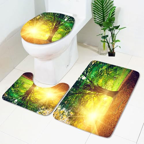Bad Teppiche Set Gelber Sonnenschein Baum Badezimmerteppich Waschbar WC Vorleger mit Ausschnitt und WC Deckelbezug 3 Teilig Badematte rutschfest Toilettensitzbezug Badgarnitur 45x75 cm von Homeyang