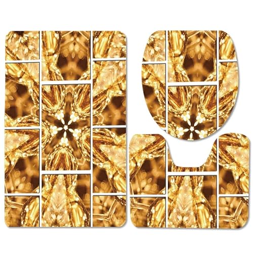 Bad Teppiche Set Gold Abstract Print Badezimmerteppich Waschbar WC Vorleger mit Ausschnitt und WC Deckelbezug 3 Teilig Badematte rutschfest Toilettensitzbezug Badgarnitur 50x80 cm von Homeyang