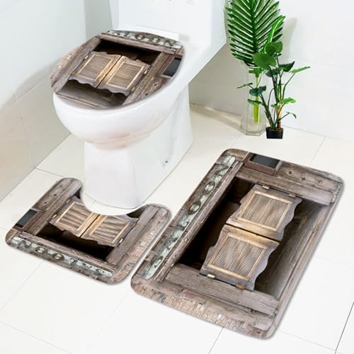 Bad Teppiche Set Grau Beige Holz Badezimmerteppich Waschbar WC Vorleger mit Ausschnitt und WC Deckelbezug 3 Teilig Badematte rutschfest Toilettensitzbezug Badgarnitur 45x75 cm von Homeyang