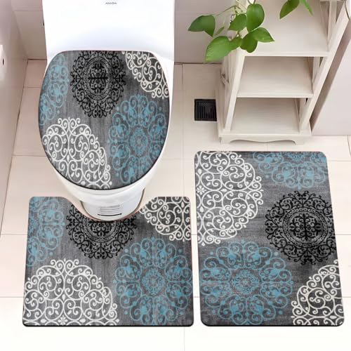Bad Teppiche Set Grau Retro Blau Badezimmerteppich Waschbar WC Vorleger mit Ausschnitt und WC Deckelbezug 3 Teilig Badematte rutschfest Toilettensitzbezug Badgarnitur 45x75 cm von Homeyang