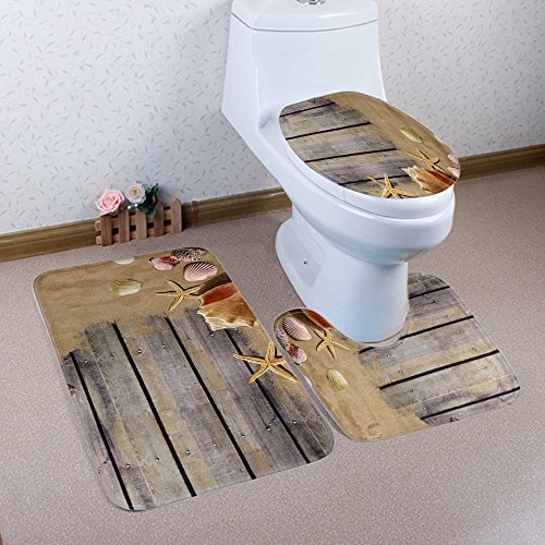 Bad Teppiche Set Graue Holzkorn Badezimmerteppich Waschbar WC Vorleger mit Ausschnitt und WC Deckelbezug 3 Teilig Badematte rutschfest Toilettensitzbezug Badgarnitur 50x80 cm von Homeyang