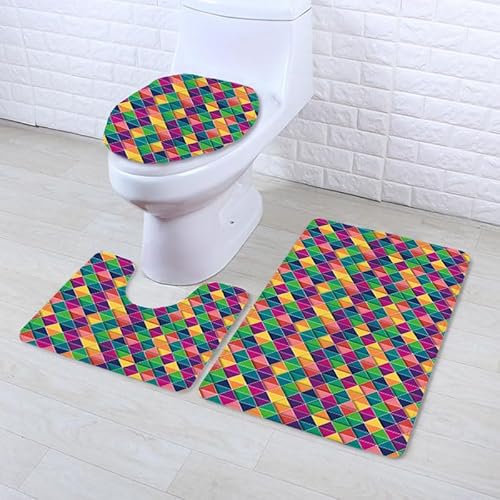 Bad Teppiche Set Grün Gelb Geometrie Badezimmerteppich Waschbar WC Vorleger mit Ausschnitt und WC Deckelbezug 3 Teilig Badematte rutschfest Toilettensitzbezug Badgarnitur 45x75 cm von Homeyang