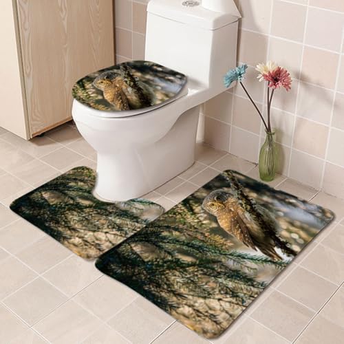 Bad Teppiche Set Grüne Braune Eule Badezimmerteppich Waschbar WC Vorleger mit Ausschnitt und WC Deckelbezug 3 Teilig Badematte rutschfest Toilettensitzbezug Badgarnitur 45x75 cm von Homeyang