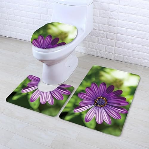Bad Teppiche Set Grüne Lila Blume Badezimmerteppich Waschbar WC Vorleger mit Ausschnitt und WC Deckelbezug 3 Teilig Badematte rutschfest Toilettensitzbezug Badgarnitur 50x80 cm von Homeyang