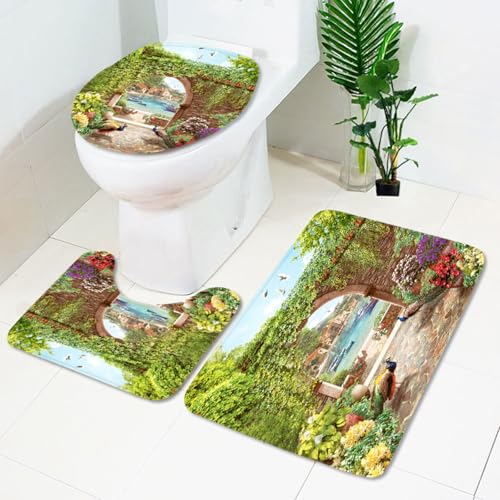 Bad Teppiche Set Grüne Pflanzenlandschaft Badezimmerteppich Waschbar WC Vorleger mit Ausschnitt und WC Deckelbezug 3 Teilig Badematte rutschfest Toilettensitzbezug Badgarnitur 50x80 cm von Homeyang