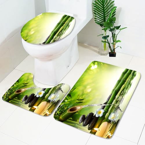 Bad Teppiche Set Grünes Bambuswasser Badezimmerteppich Waschbar WC Vorleger mit Ausschnitt und WC Deckelbezug 3 Teilig Badematte rutschfest Toilettensitzbezug Badgarnitur 50x80 cm von Homeyang