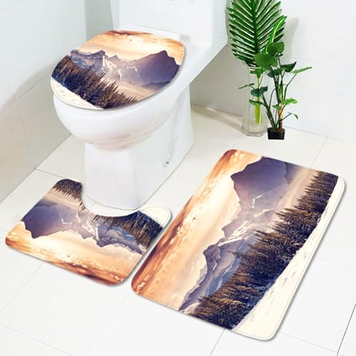 Bad Teppiche Set Lila Orange Berg Badezimmerteppich Waschbar WC Vorleger mit Ausschnitt und WC Deckelbezug 3 Teilig Badematte rutschfest Toilettensitzbezug Badgarnitur 45x75 cm von Homeyang