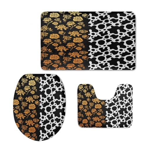 Bad Teppiche Set Orange Schwarze Blume Badezimmerteppich Waschbar WC Vorleger mit Ausschnitt und WC Deckelbezug 3 Teilig Badematte rutschfest Toilettensitzbezug Badgarnitur 45x75 cm von Homeyang