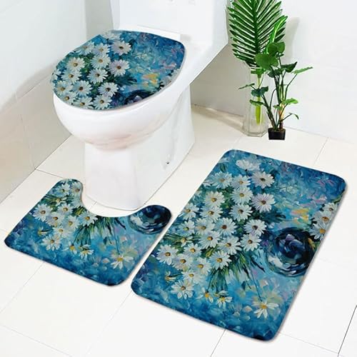 Bad Teppiche Set Retro Blaue Blumen Badezimmerteppich Waschbar WC Vorleger mit Ausschnitt und WC Deckelbezug 3 Teilig Badematte rutschfest Toilettensitzbezug Badgarnitur 50x80 cm von Homeyang
