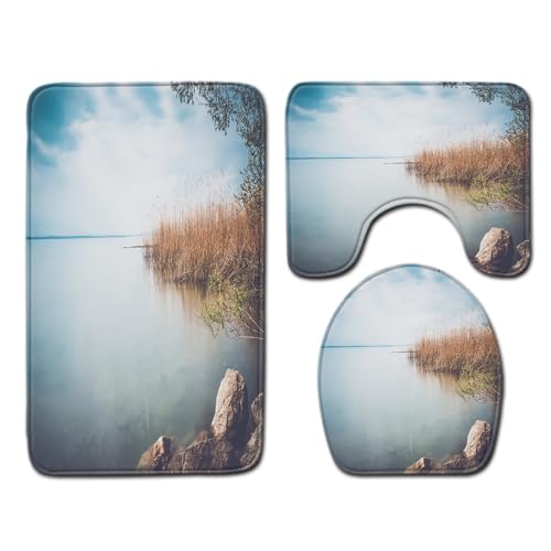 Bad Teppiche Set Retro Blaues Meer Badezimmerteppich Waschbar WC Vorleger mit Ausschnitt und WC Deckelbezug 3 Teilig Badematte rutschfest Toilettensitzbezug Badgarnitur 45x75 cm von Homeyang