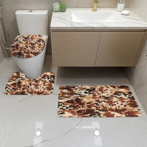 Bad Teppiche Set Retro Orange Braun Badezimmerteppich Waschbar WC Vorleger mit Ausschnitt und WC Deckelbezug 3 Teilig Badematte rutschfest Toilettensitzbezug Badgarnitur 45x75 cm von Homeyang