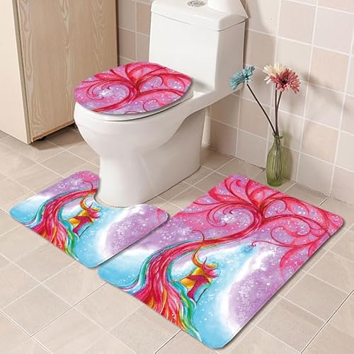 Bad Teppiche Set Rot Lila Abstract Badezimmerteppich Waschbar WC Vorleger mit Ausschnitt und WC Deckelbezug 3 Teilig Badematte rutschfest Toilettensitzbezug Badgarnitur 45x75 cm von Homeyang