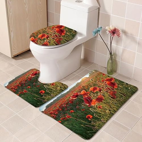 Bad Teppiche Set Rote Grüne Blumen Badezimmerteppich Waschbar WC Vorleger mit Ausschnitt und WC Deckelbezug 3 Teilig Badematte rutschfest Toilettensitzbezug Badgarnitur 50x80 cm von Homeyang