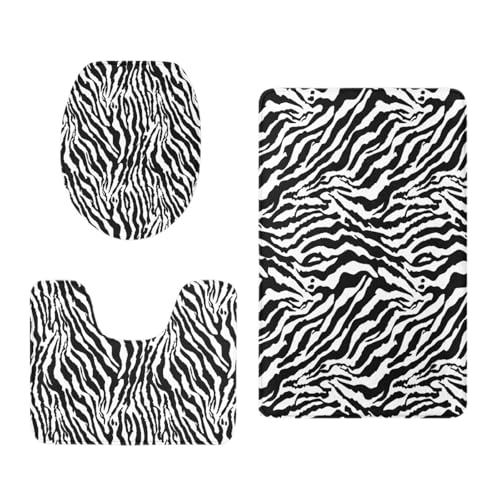 Bad Teppiche Set Zebra Stripe Schwarz Badezimmerteppich Waschbar WC Vorleger mit Ausschnitt und WC Deckelbezug 3 Teilig Badematte rutschfest Toilettensitzbezug Badgarnitur 45x75 cm von Homeyang