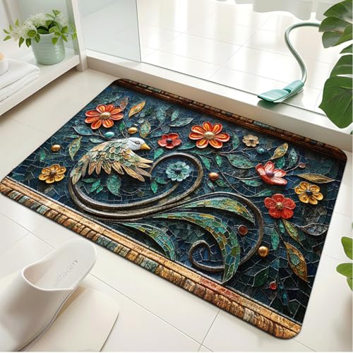 Badezimmermatte Abstract Green Floral Duschteppich Weich Bath Mat Saugfähige Duschvorleger rutschfest Badezimmerteppich Waschbar Badteppich Fußmatte Badezimmer Badmatte (50x80cm) von Homeyang