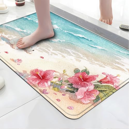 Badezimmermatte Beige Meerblume Duschteppich Weich Bath Mat Saugfähige Duschvorleger rutschfest Badezimmerteppich Waschbar Badteppich Fußmatte Badezimmer Badmatte (50x80cm) von Homeyang