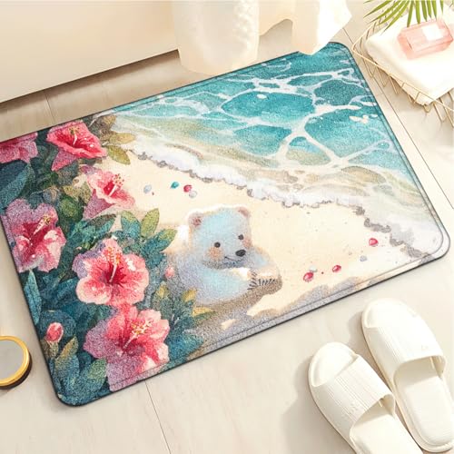 Badezimmermatte Beige Strandbär Duschteppich Weich Bath Mat Saugfähige Duschvorleger rutschfest Badezimmerteppich Waschbar Badteppich Fußmatte Badezimmer Badmatte (40x60cm) von Homeyang