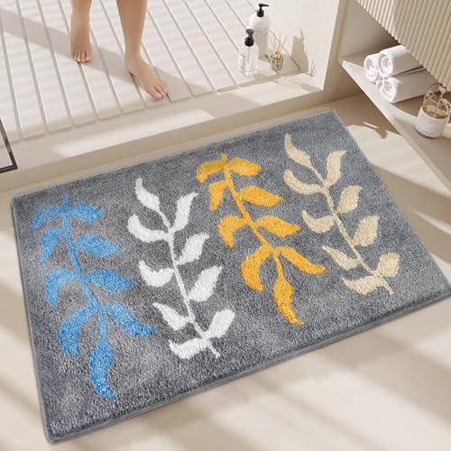 Badezimmermatte Blätter Grau Gelb Duschteppich Weich Bath Mat Saugfähige Duschvorleger rutschfest Badezimmerteppich Waschbar Badteppich Fußmatte Badezimmer Badmatte (50x80cm) von Homeyang