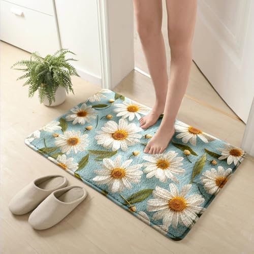Badezimmermatte Blau Beige Daisies Duschteppich Weich Bath Mat Saugfähige Duschvorleger rutschfest Badezimmerteppich Waschbar Badteppich Fußmatte Badezimmer Badmatte (40x60cm) von Homeyang