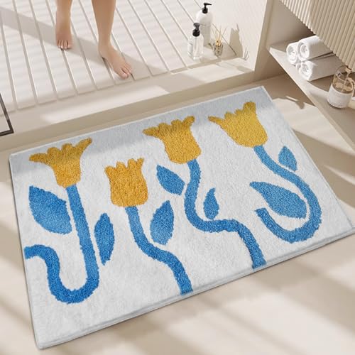 Badezimmermatte Blau Gelb Blumen Duschteppich Weich Bath Mat Saugfähige Duschvorleger rutschfest Badezimmerteppich Waschbar Badteppich Fußmatte Badezimmer Badmatte (40x60cm) von Homeyang