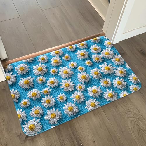 Badezimmermatte Blau Gelb Blumen Duschteppich Weich Bath Mat Saugfähige Duschvorleger rutschfest Badezimmerteppich Waschbar Badteppich Fußmatte Badezimmer Badmatte (50x80cm) von Homeyang