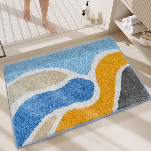 Badezimmermatte Blau Grau Geometrie Duschteppich Weich Bath Mat Saugfähige Duschvorleger rutschfest Badezimmerteppich Waschbar Badteppich Fußmatte Badezimmer Badmatte (50x80cm) von Homeyang
