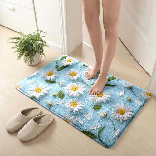 Badezimmermatte Blaue Elegante Daisies Duschteppich Weich Bath Mat Saugfähige Duschvorleger rutschfest Badezimmerteppich Waschbar Badteppich Fußmatte Badezimmer Badmatte (40x60cm) von Homeyang