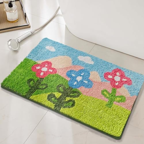 Badezimmermatte Blaue Grüne Blumen Duschteppich Weich Bath Mat Saugfähige Duschvorleger rutschfest Badezimmerteppich Waschbar Badteppich Fußmatte Badezimmer Badmatte (50x80cm) von Homeyang