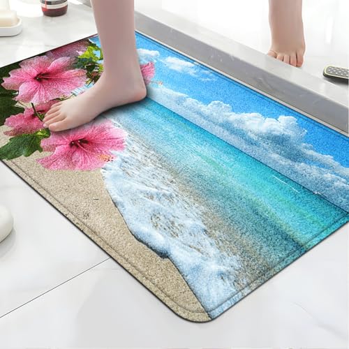 Badezimmermatte Blaue Rosa Blumen Duschteppich Weich Bath Mat Saugfähige Duschvorleger rutschfest Badezimmerteppich Waschbar Badteppich Fußmatte Badezimmer Badmatte (50x80cm) von Homeyang