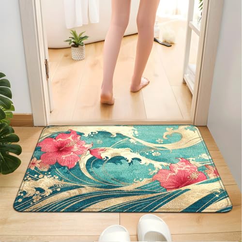 Badezimmermatte Blaue Rote Blumen Duschteppich Weich Bath Mat Saugfähige Duschvorleger rutschfest Badezimmerteppich Waschbar Badteppich Fußmatte Badezimmer Badmatte (50x80cm) von Homeyang
