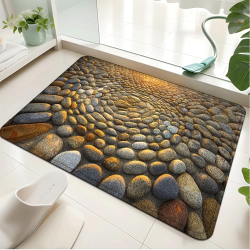 Badezimmermatte Circular Yellow Pebble Duschteppich Weich Bath Mat Saugfähige Duschvorleger rutschfest Badezimmerteppich Waschbar Badteppich Fußmatte Badezimmer Badmatte (50x80cm) von Homeyang