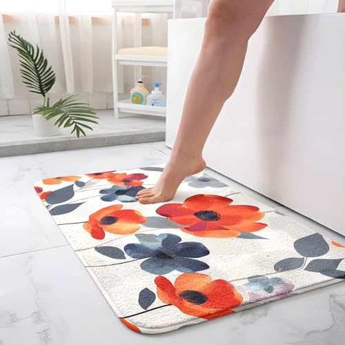 Badezimmermatte Dunkelorange Blumen Duschteppich Weich Bath Mat Saugfähige Duschvorleger rutschfest Badezimmerteppich Waschbar Badteppich Fußmatte Badezimmer Badmatte (40x60cm) von Homeyang