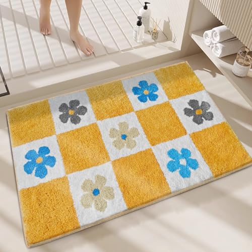 Badezimmermatte Gelb Blaue Blume Duschteppich Weich Bath Mat Saugfähige Duschvorleger rutschfest Badezimmerteppich Waschbar Badteppich Fußmatte Badezimmer Badmatte (40x60cm) von Homeyang