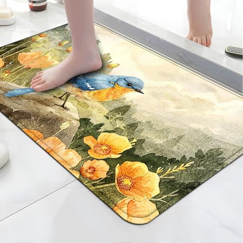Badezimmermatte Gelbe Blume Vogel Duschteppich Weich Bath Mat Saugfähige Duschvorleger rutschfest Badezimmerteppich Waschbar Badteppich Fußmatte Badezimmer Badmatte (40x60cm) von Homeyang